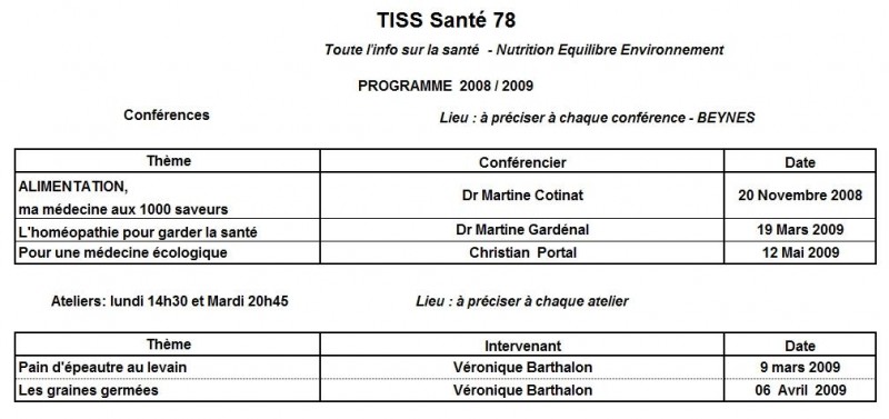 Programme TISS SANTE 78 - saison 2008 - 2009